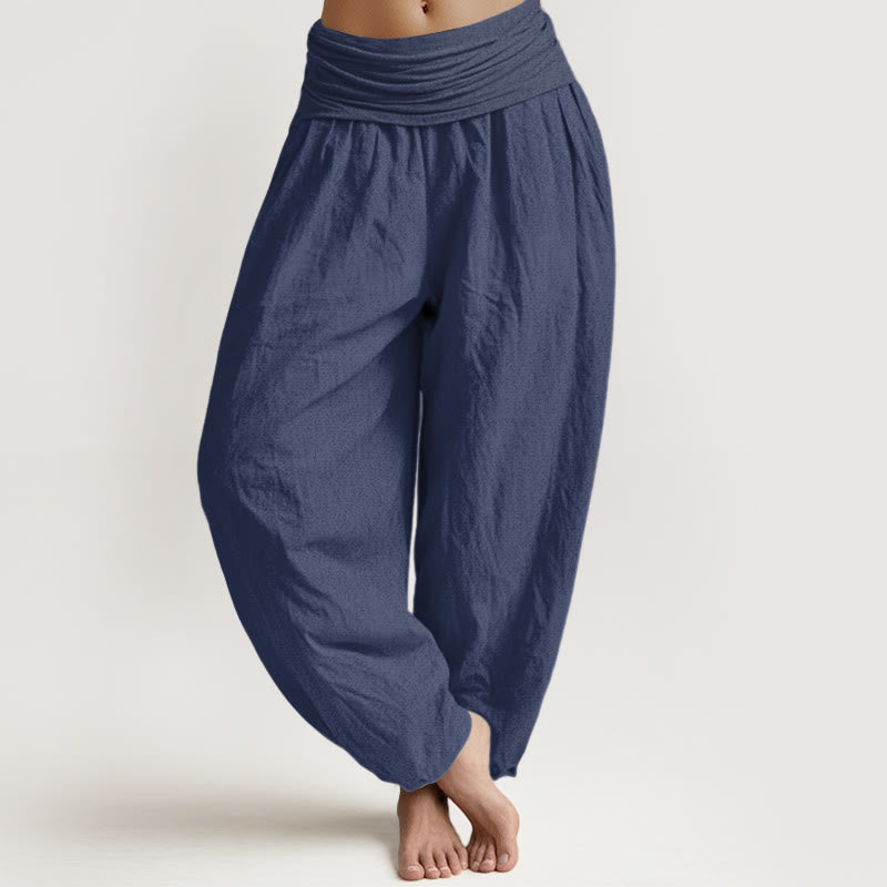 Buddha Stones Plain DarkSlateBlue Pure Cotton Women's Elastic Waist Harem Pants