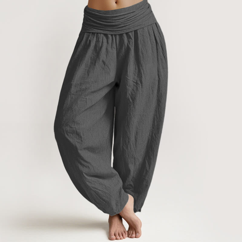 Buddha Stones Solid Color DimGray Pure Cotton Women's Elastic Waist Harem Pants
