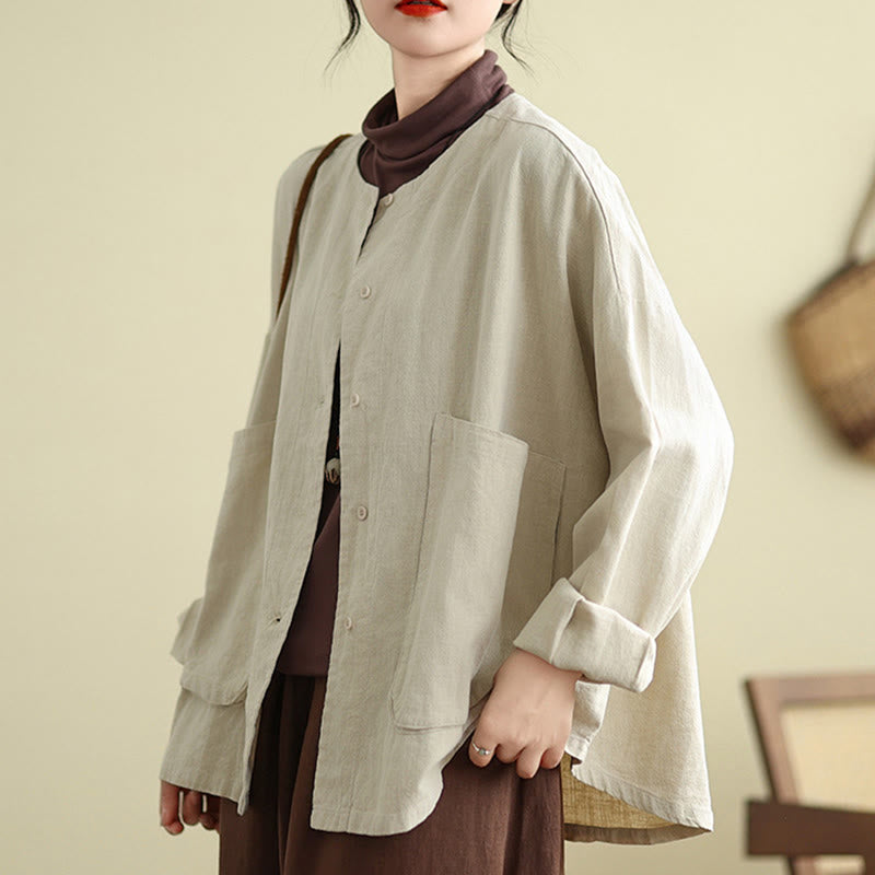 Buddha Stones Women's Long Sleeve Crew Neck Cotton Jacket With Pockets