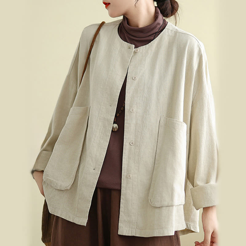 Buddha Stones Women's Long Sleeve Crew Neck Cotton Jacket With Pockets