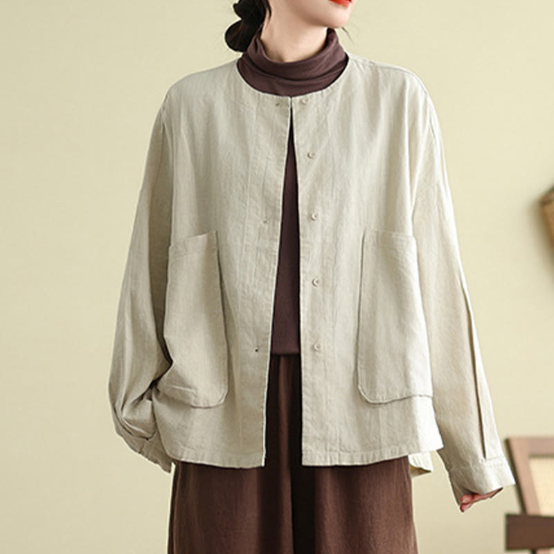 Buddha Stones Women's Long Sleeve Crew Neck Cotton Jacket With Pockets