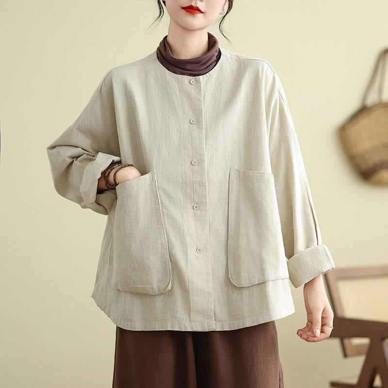 Buddha Stones Women's Long Sleeve Crew Neck Cotton Jacket With Pockets