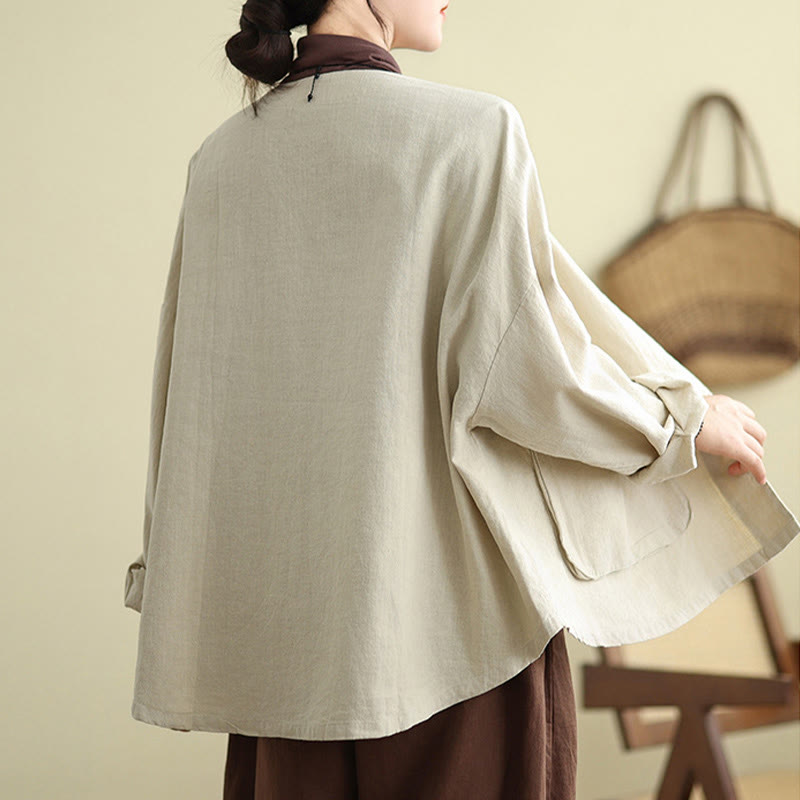 Buddha Stones Women's Long Sleeve Crew Neck Cotton Jacket With Pockets