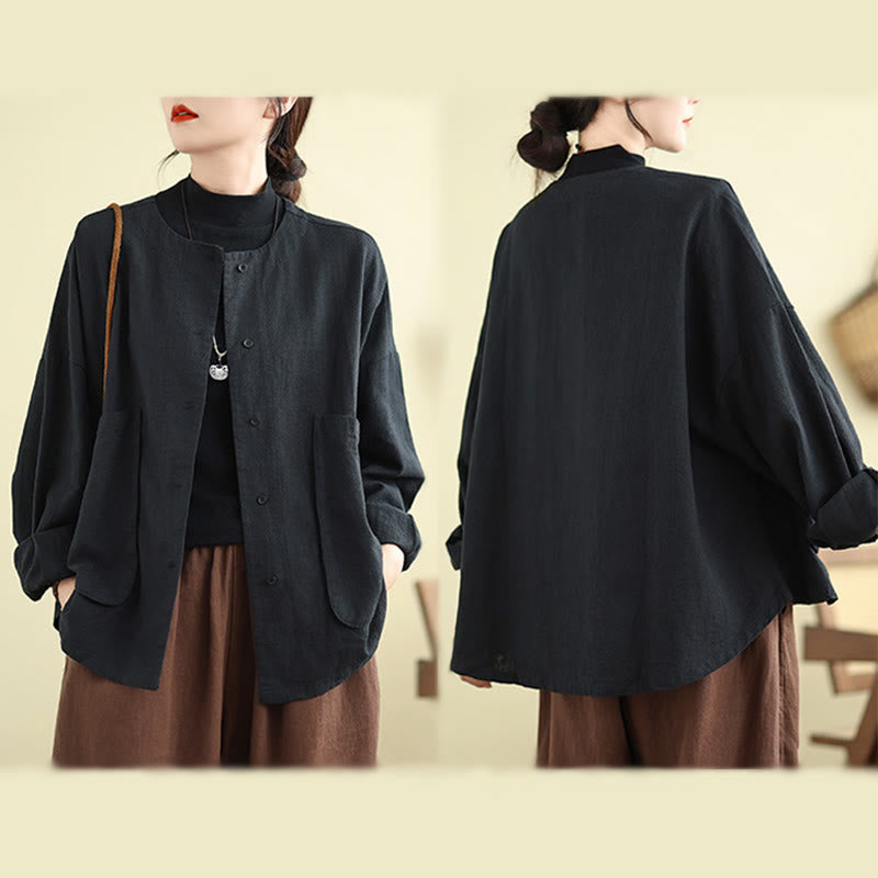 Buddha Stones Women's Long Sleeve Crew Neck Cotton Jacket With Pockets
