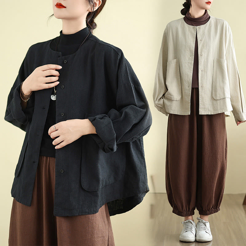 Buddha Stones Women's Long Sleeve Crew Neck Cotton Jacket With Pockets