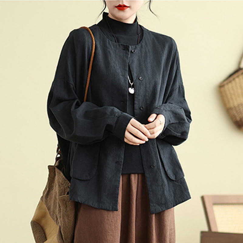 Buddha Stones Women's Long Sleeve Crew Neck Cotton Jacket With Pockets