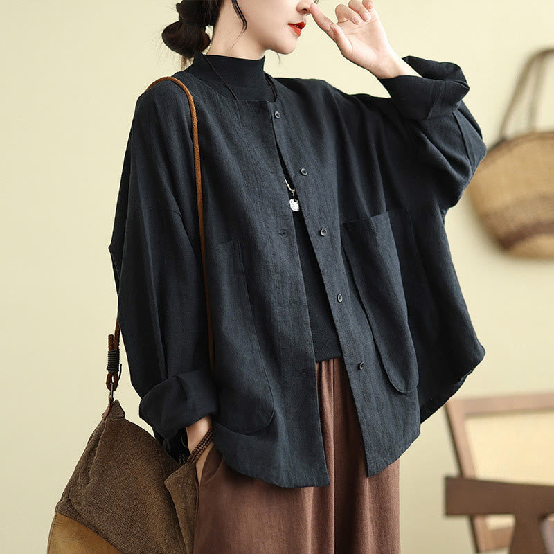 Buddha Stones Women's Long Sleeve Crew Neck Cotton Jacket With Pockets