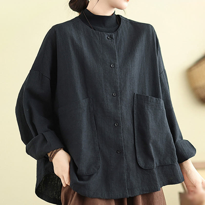 Buddha Stones Women's Long Sleeve Crew Neck Cotton Jacket With Pockets