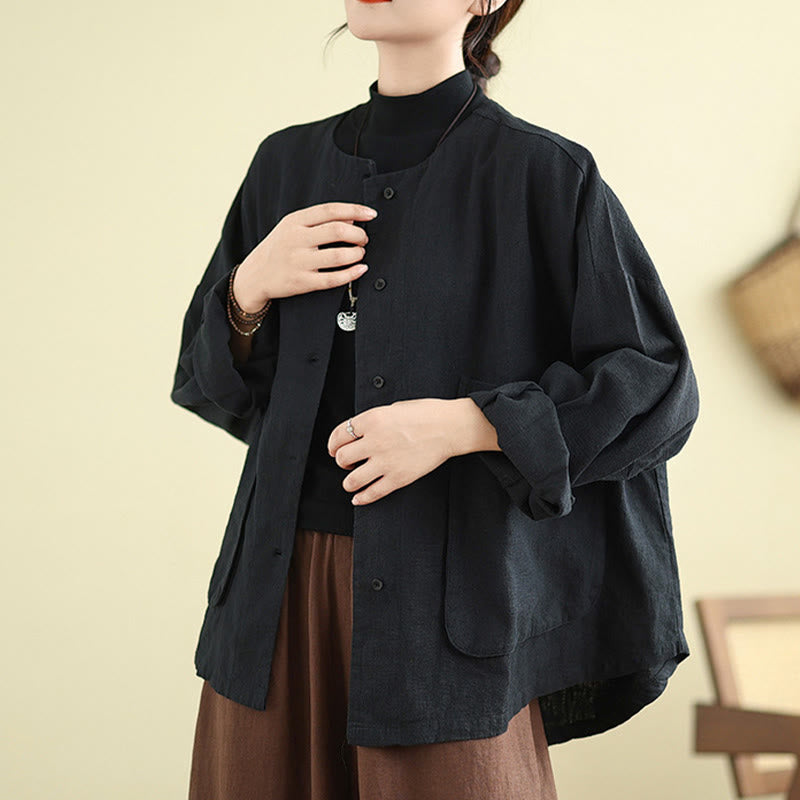Buddha Stones Women's Long Sleeve Crew Neck Cotton Jacket With Pockets