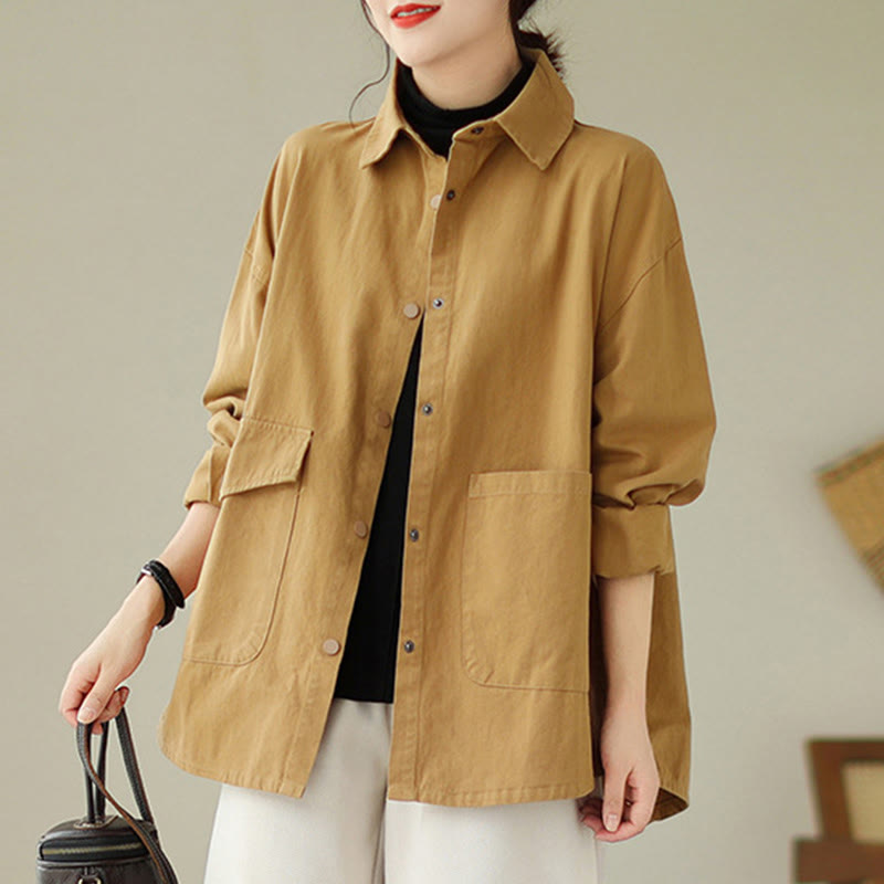 Buddha Stones Women's Long Sleeve Button Cotton Jacket With Pockets