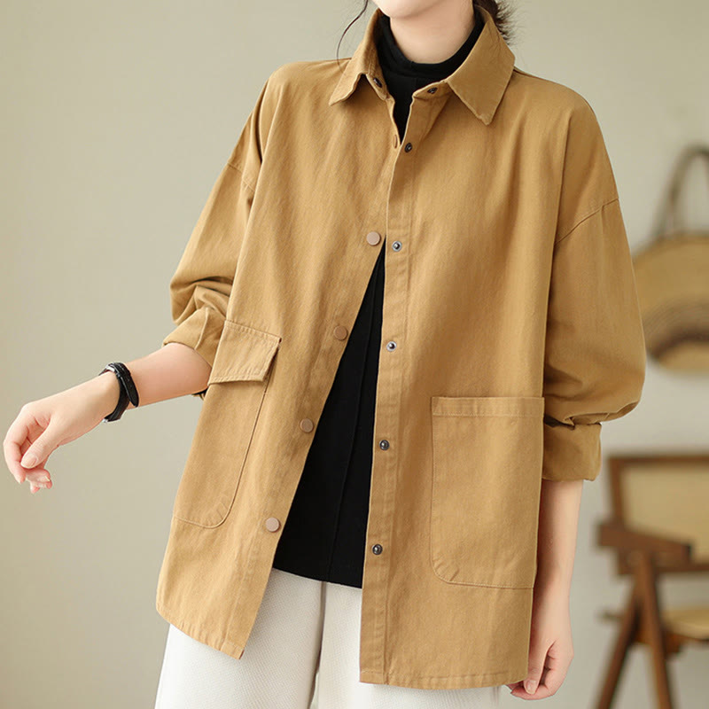 Buddha Stones Women's Long Sleeve Button Cotton Jacket With Pockets