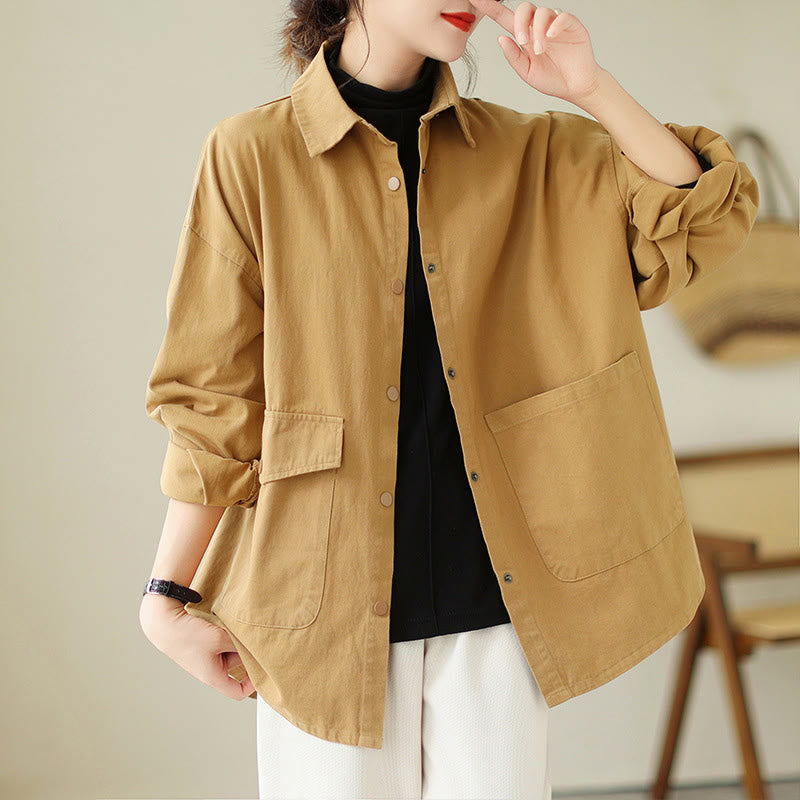 Buddha Stones Women's Long Sleeve Button Cotton Jacket With Pockets
