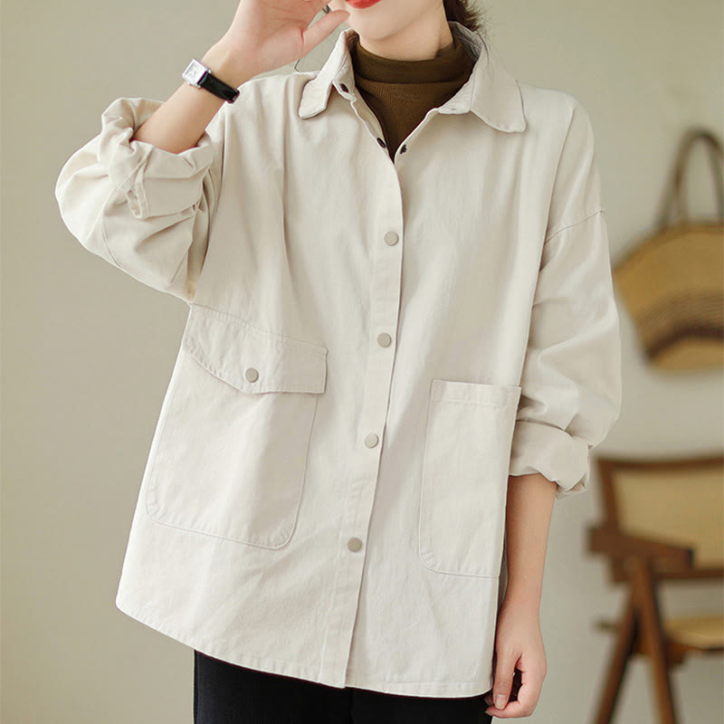 Buddha Stones Women's Long Sleeve Button Cotton Jacket With Pockets