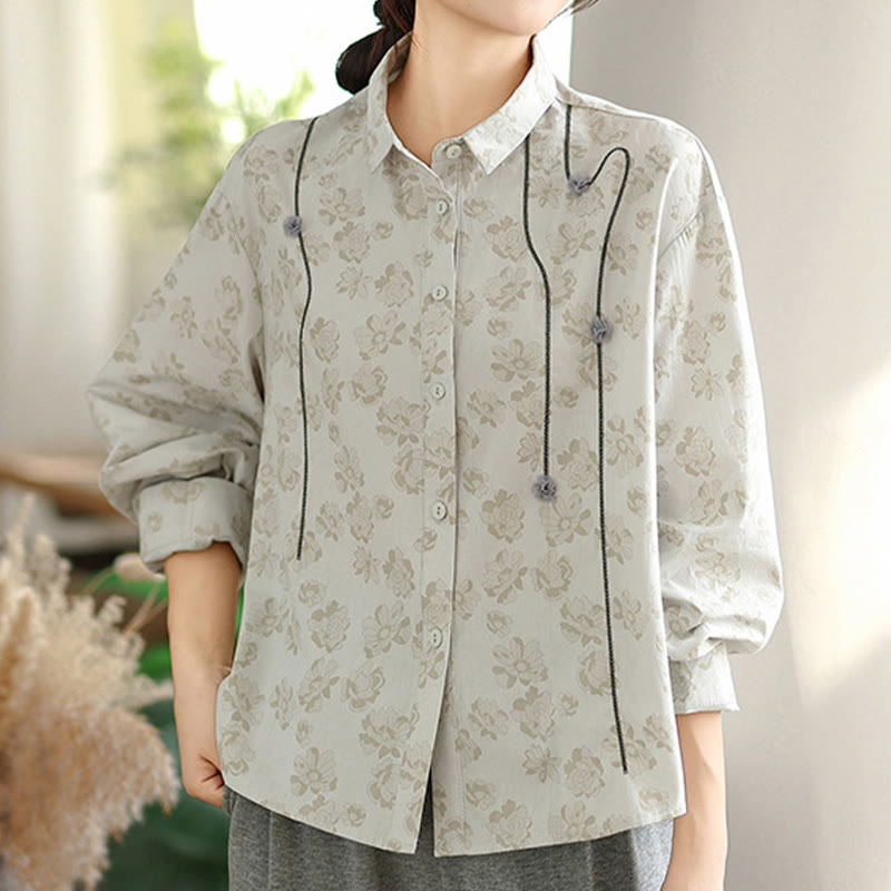 Buddha Stones Casual Embroidered Florals Women's Long Sleeve Polyester Shirt