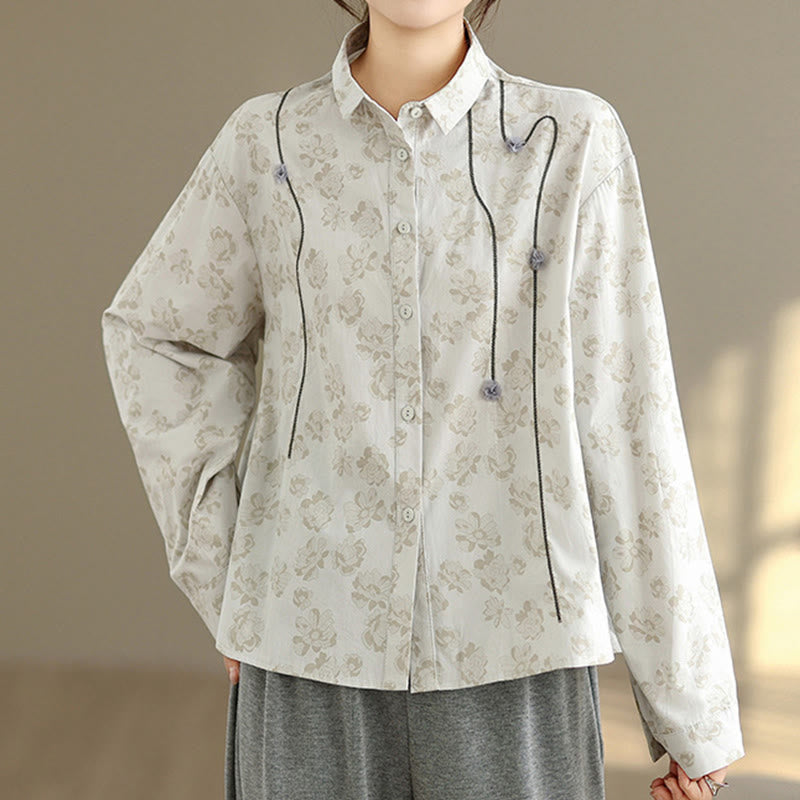 Buddha Stones Casual Embroidered Florals Women's Long Sleeve Polyester Shirt