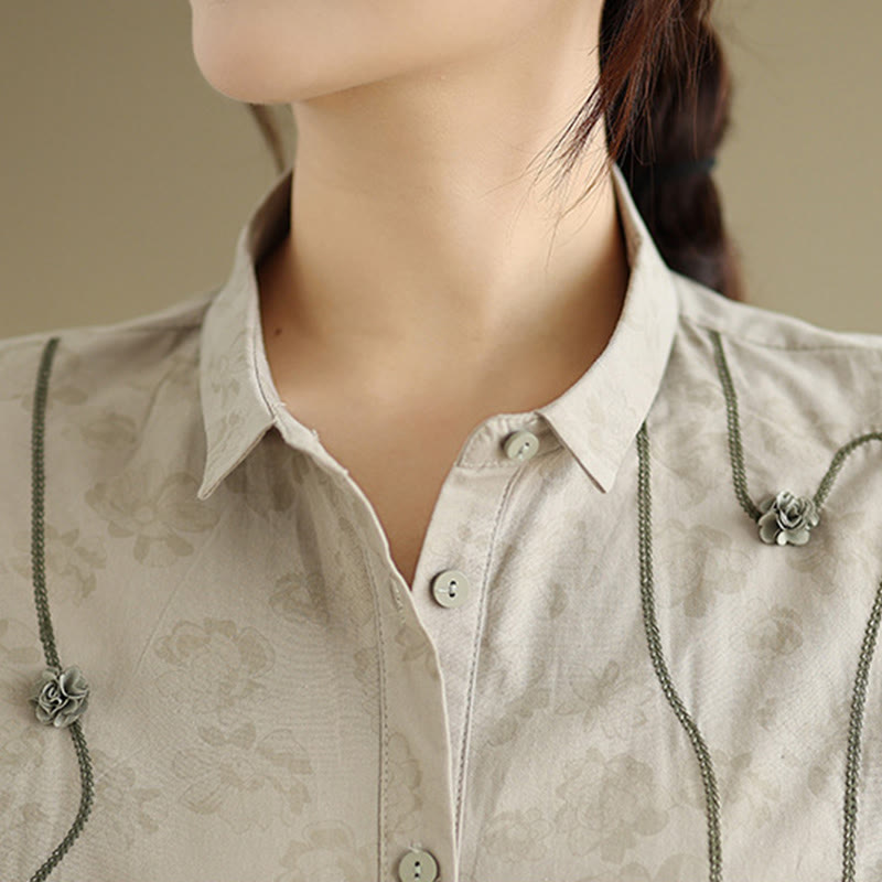 Buddha Stones Casual Embroidered Florals Women's Long Sleeve Polyester Shirt