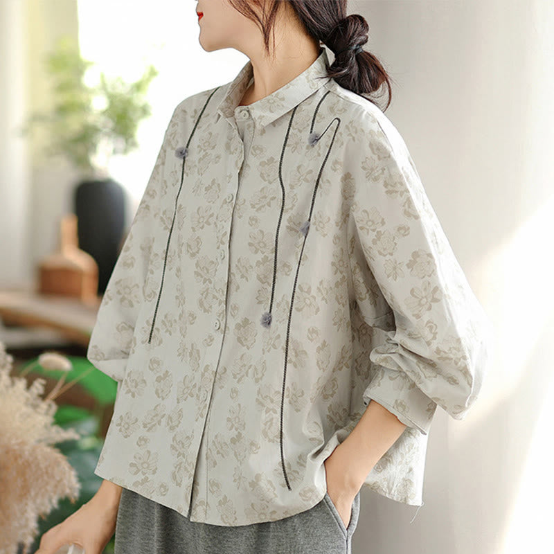 Buddha Stones Casual Embroidered Florals Women's Long Sleeve Polyester Shirt
