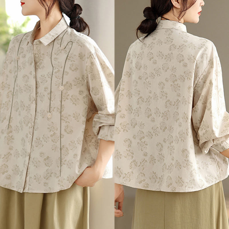 Buddha Stones Casual Embroidered Florals Women's Long Sleeve Polyester Shirt