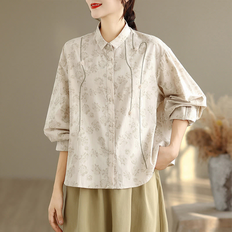 Buddha Stones Casual Embroidered Florals Women's Long Sleeve Polyester Shirt