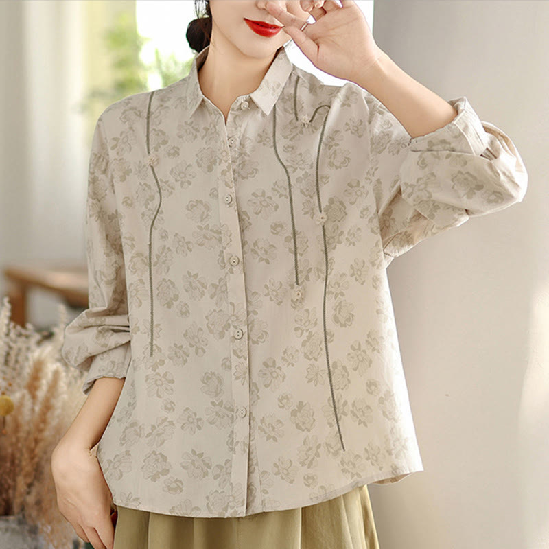 Buddha Stones Casual Embroidered Florals Women's Long Sleeve Polyester Shirt