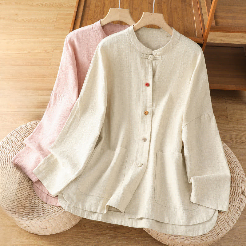 Buddha Stones Casual Frog-button Women's Long Sleeve Cotton Polyester Shirt With Pockets