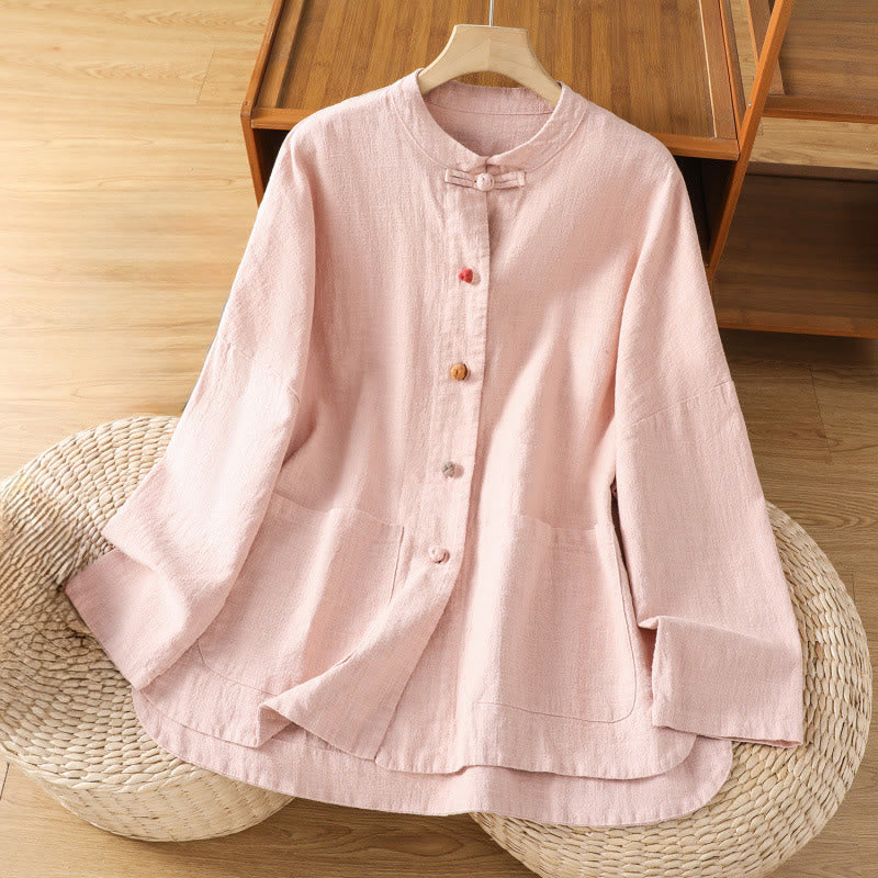 Buddha Stones Casual Frog-button Women's Long Sleeve Cotton Polyester Shirt With Pockets