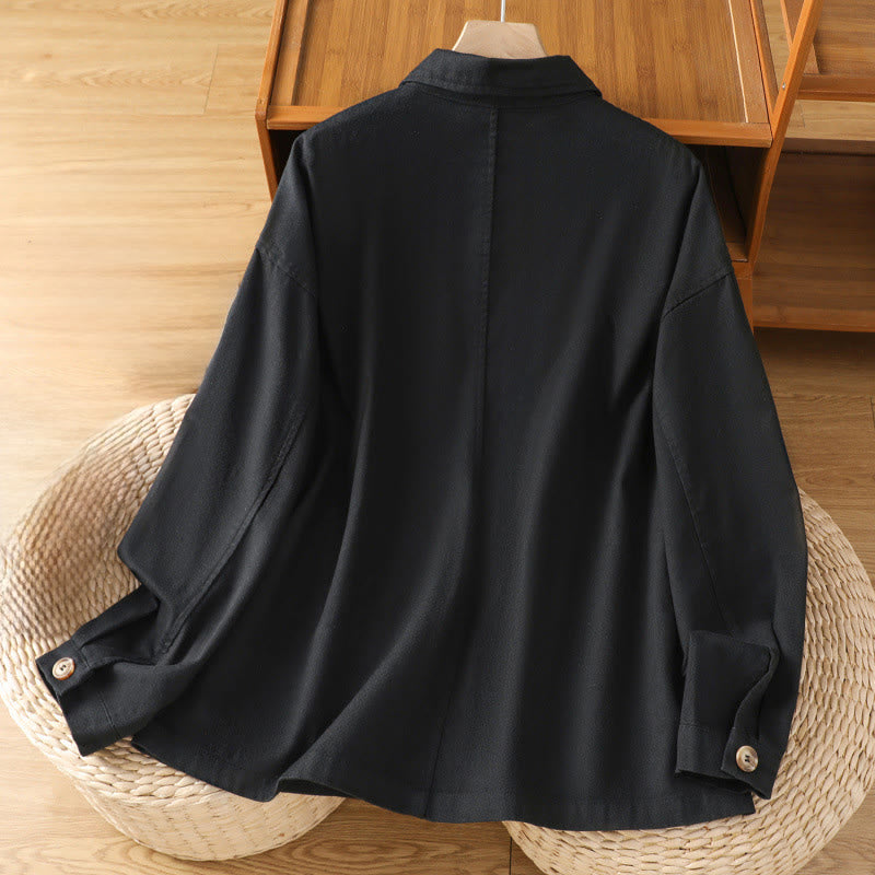 Buddha Stones Casual Women's Long Sleeve Stand Collar Cotton Polyester Shirt With Pockets