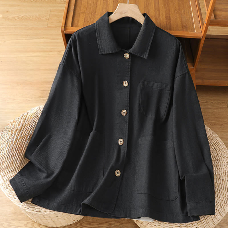Buddha Stones Casual Women's Long Sleeve Stand Collar Cotton Polyester Shirt With Pockets
