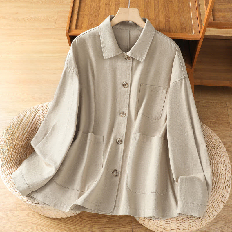 Buddha Stones Casual Women's Long Sleeve Stand Collar Cotton Polyester Shirt With Pockets