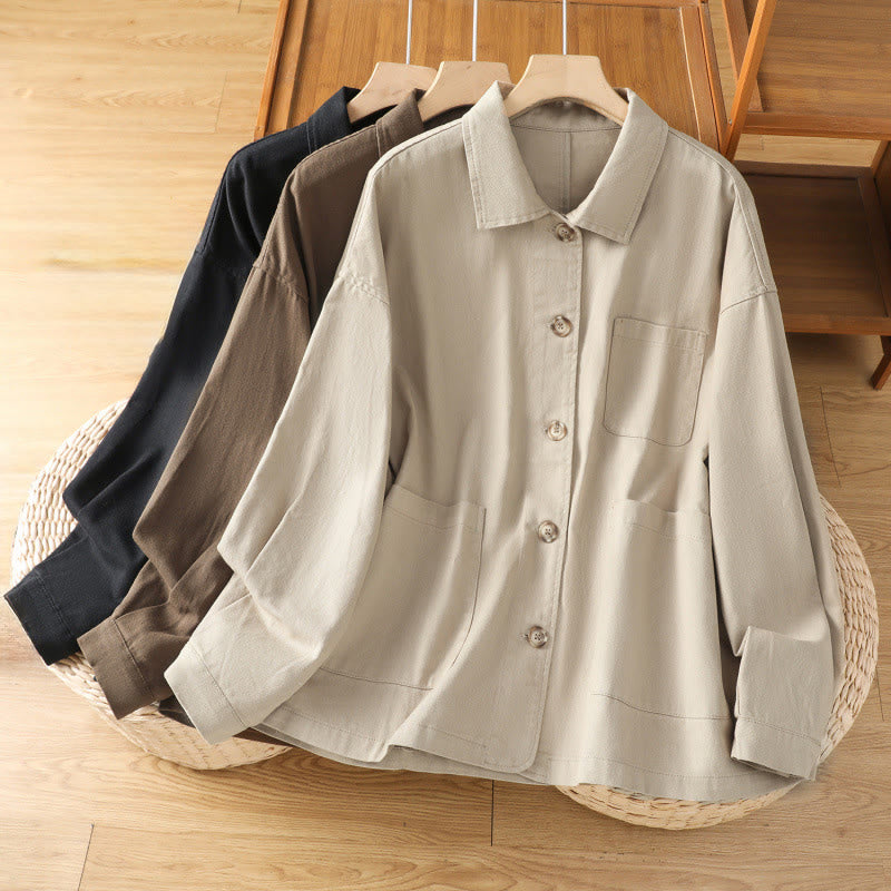 Buddha Stones Casual Women's Long Sleeve Stand Collar Cotton Polyester Shirt With Pockets