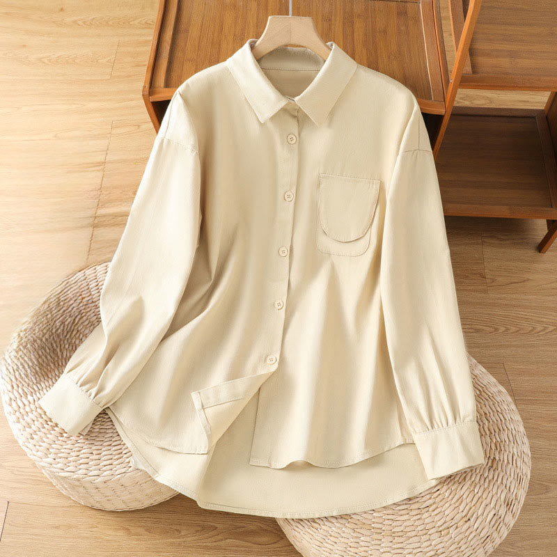 Buddha Stones Casual Women's Long Sleeve Stand Collar Cotton Shirt With Pockets