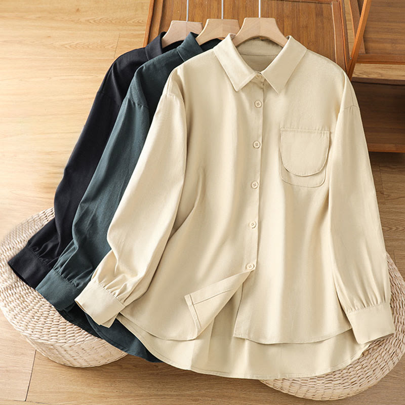 Buddha Stones Casual Women's Long Sleeve Stand Collar Cotton Shirt With Pockets