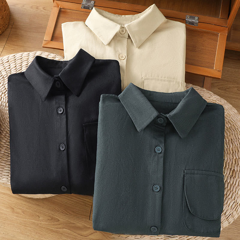 Buddha Stones Casual Women's Long Sleeve Stand Collar Cotton Shirt With Pockets