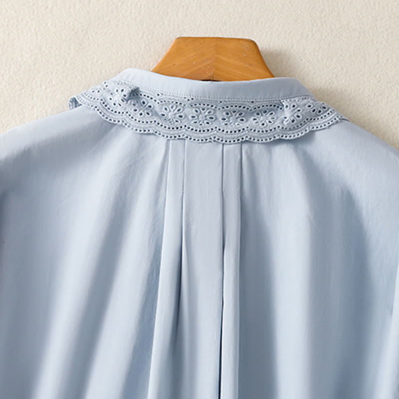 Buddha Stones Casual Women's Long Sleeve Lace Lapel Cotton Shirt