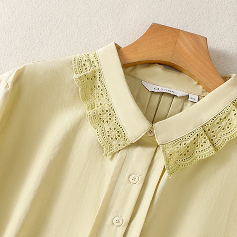 Buddha Stones Casual Women's Long Sleeve Lace Lapel Cotton Shirt
