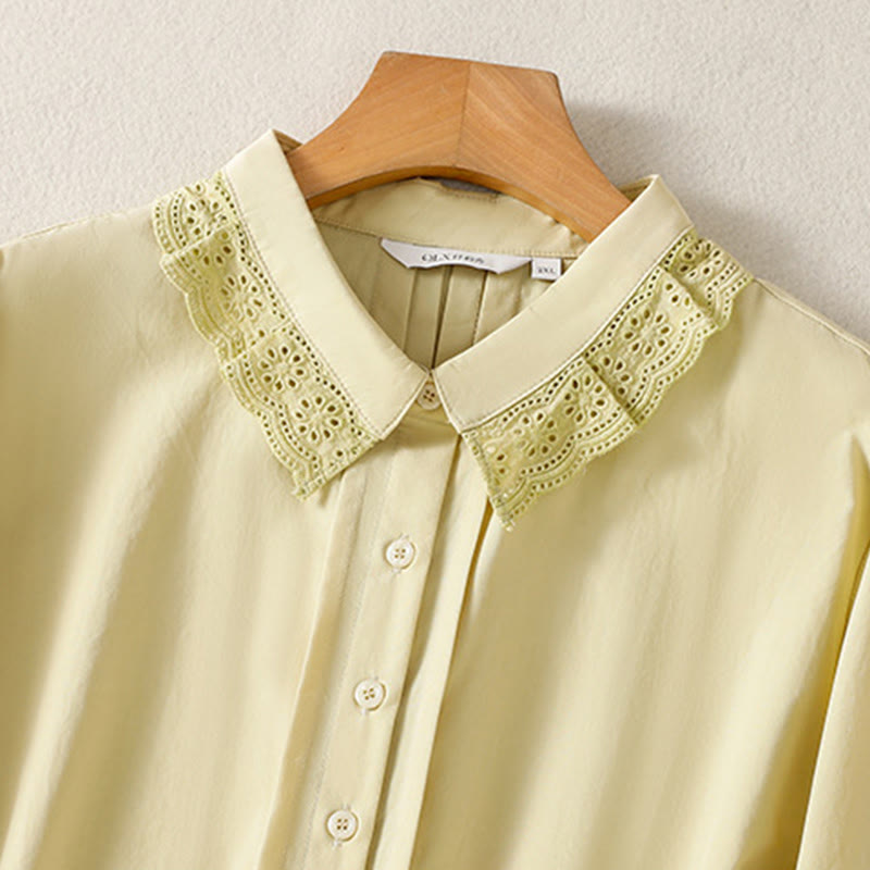 Buddha Stones Casual Women's Long Sleeve Lace Lapel Cotton Shirt