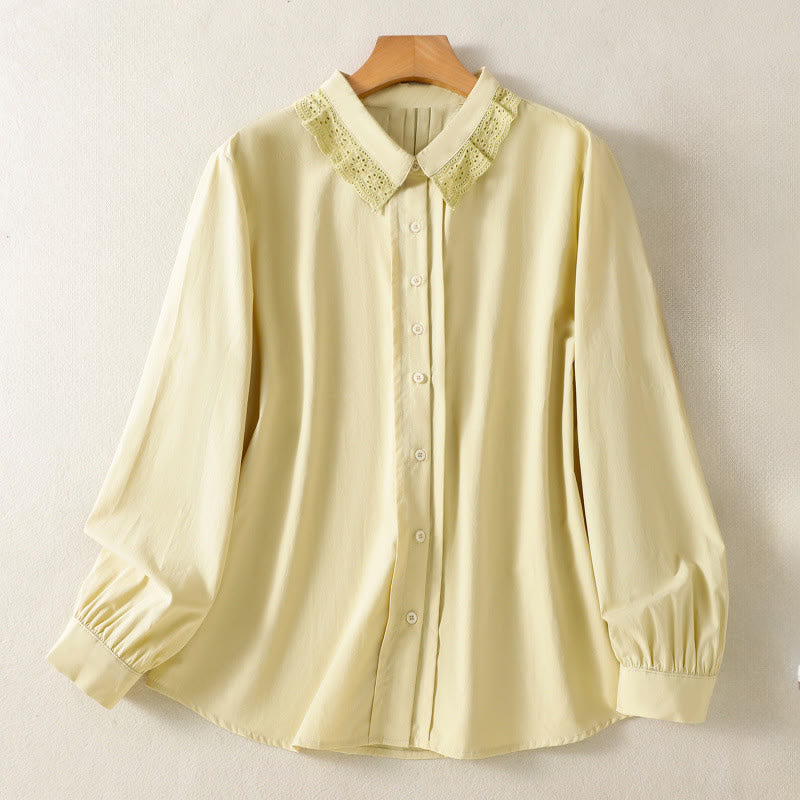 Buddha Stones Casual Women's Long Sleeve Lace Lapel Cotton Shirt
