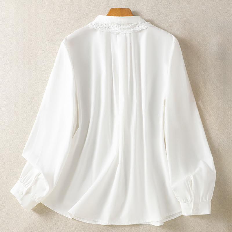 Buddha Stones Casual Women's Long Sleeve Lace Lapel Cotton Shirt