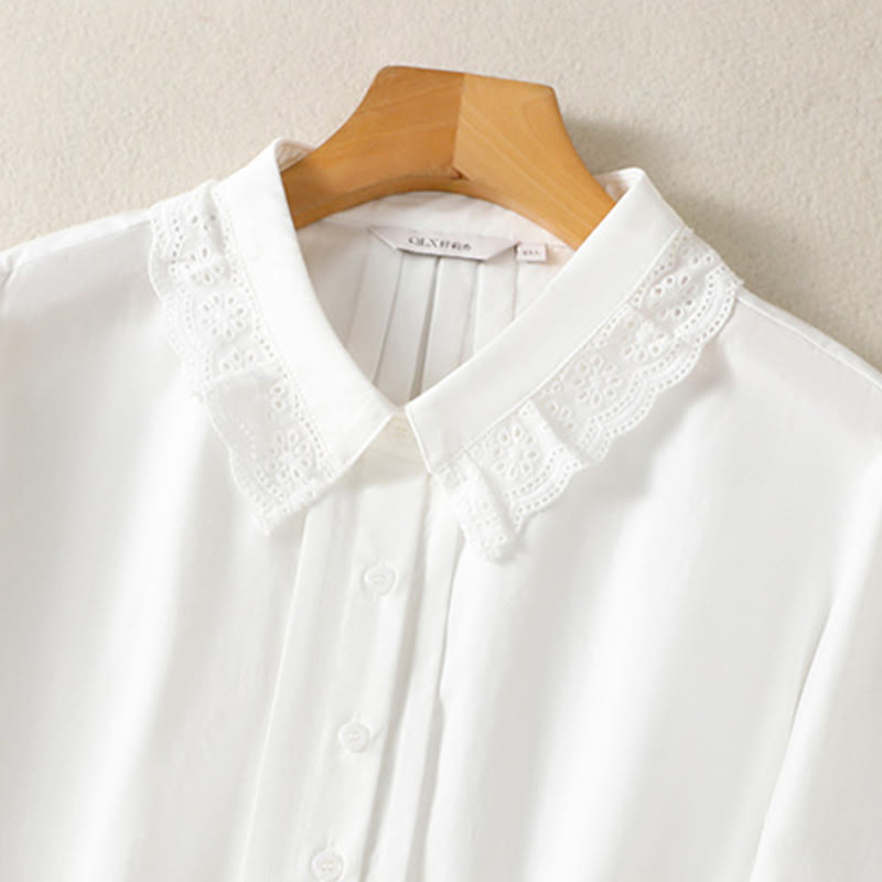 Buddha Stones Casual Women's Long Sleeve Lace Lapel Cotton Shirt