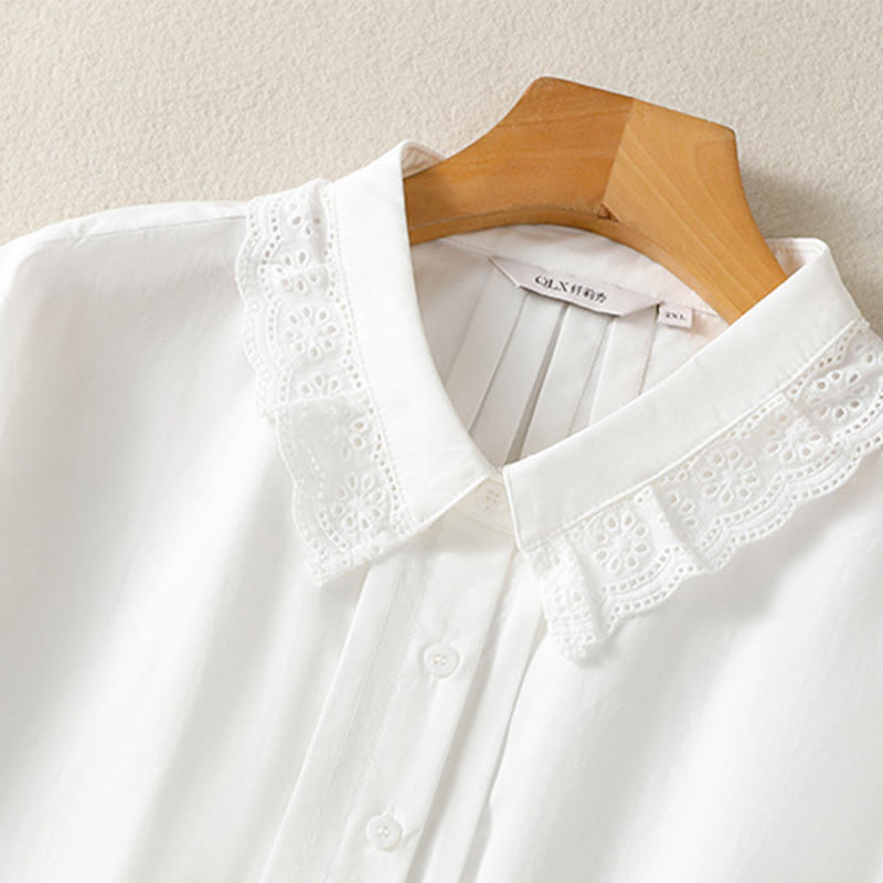 Buddha Stones Casual Women's Long Sleeve Lace Lapel Cotton Shirt