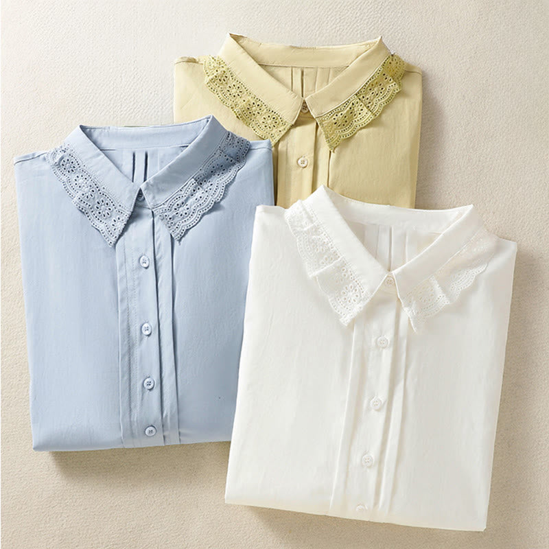 Buddha Stones Casual Women's Long Sleeve Lace Lapel Cotton Shirt