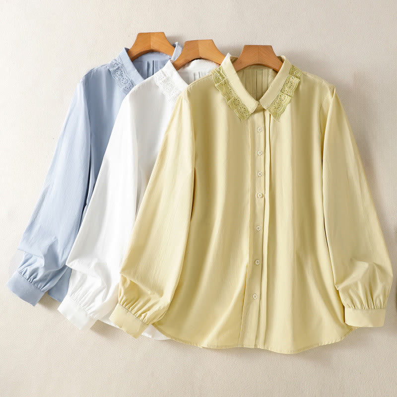 Buddha Stones Casual Women's Long Sleeve Lace Lapel Cotton Shirt