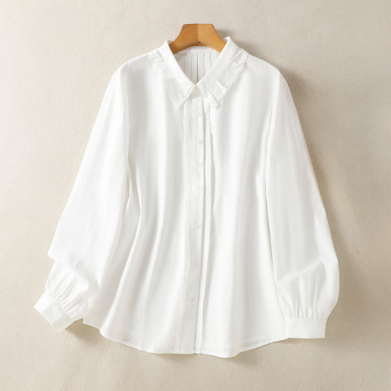 Buddha Stones Casual Women's Long Sleeve Lace Lapel Cotton Shirt