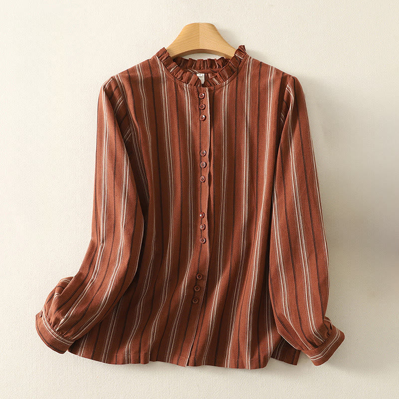 Buddha Stones Casual Retro Stripes Women's Long Sleeve Polyester Shirt