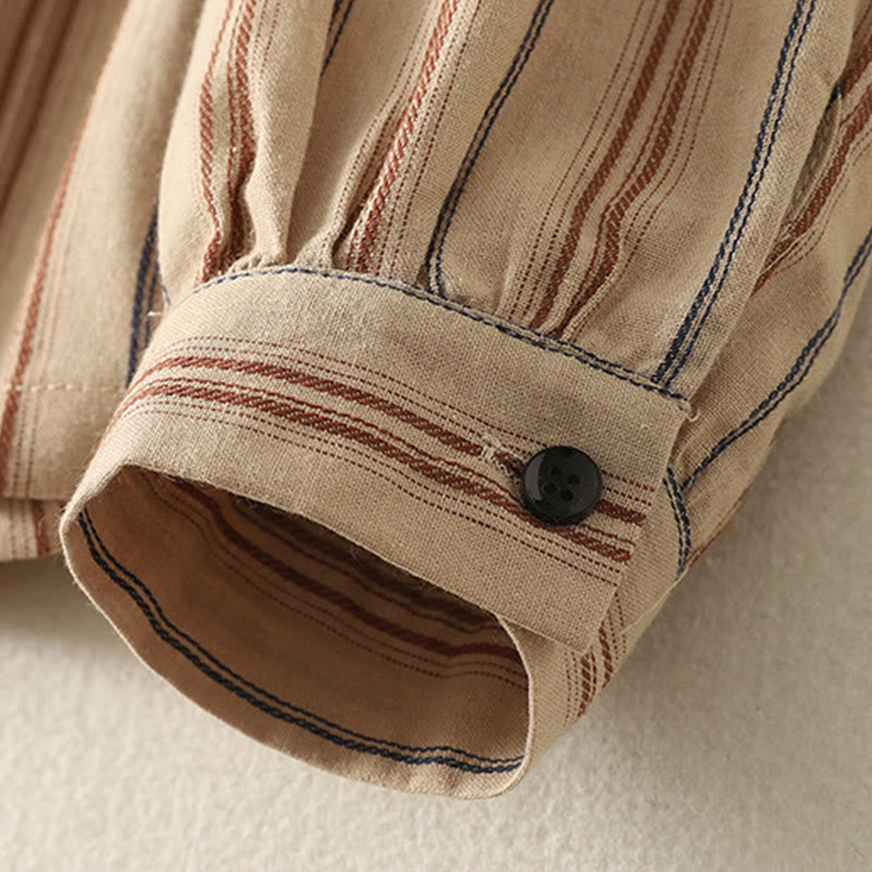 Buddha Stones Casual Retro Stripes Women's Long Sleeve Polyester Shirt