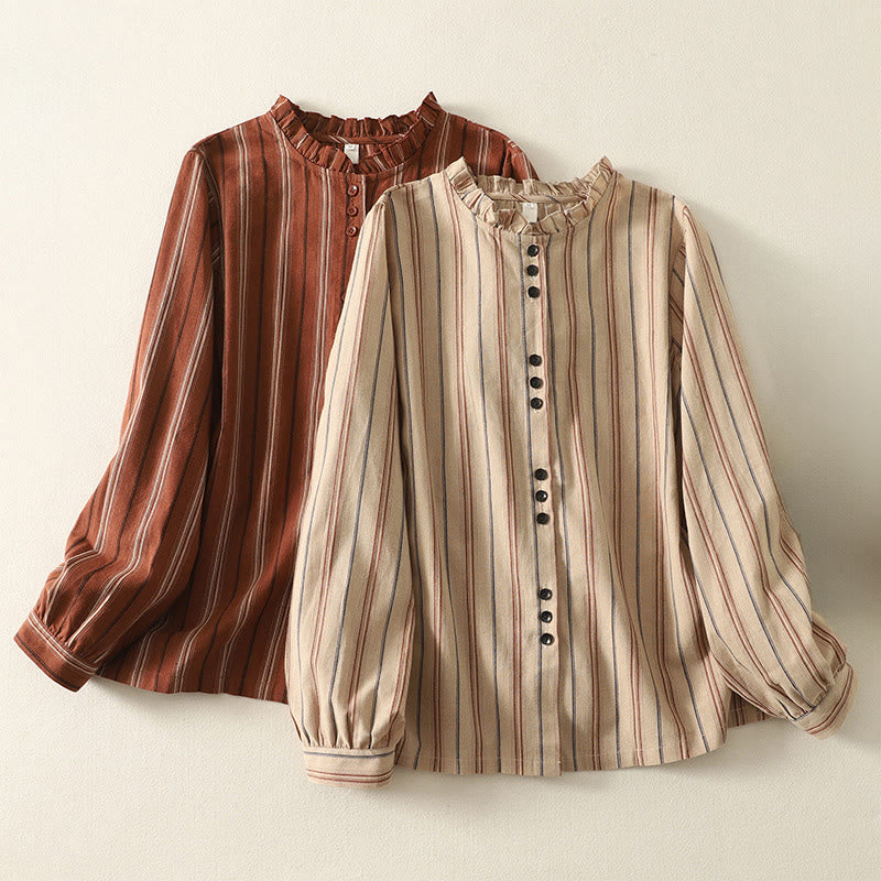 Buddha Stones Casual Retro Stripes Women's Long Sleeve Polyester Shirt
