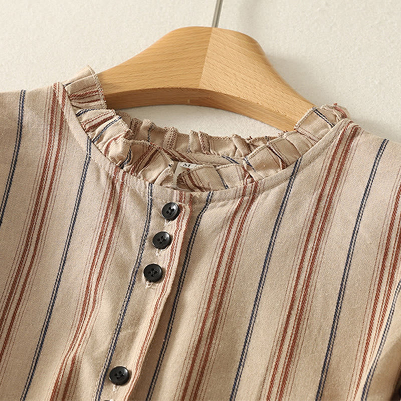Buddha Stones Casual Retro Stripes Women's Long Sleeve Polyester Shirt