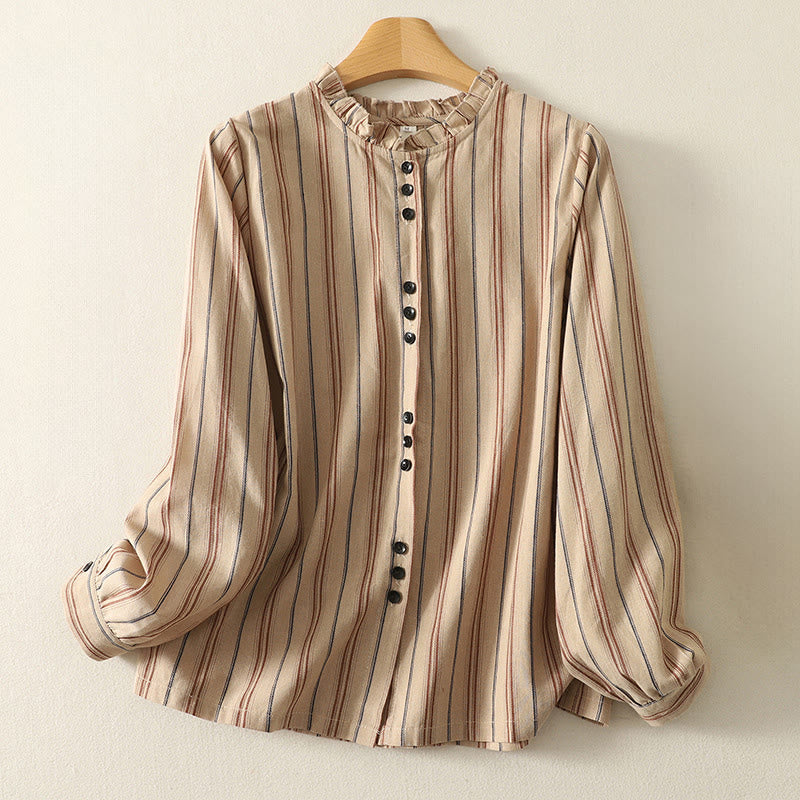 Buddha Stones Casual Retro Stripes Women's Long Sleeve Polyester Shirt
