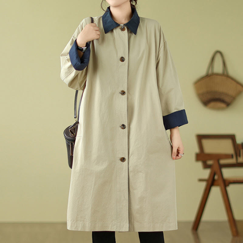 Buddha Stones Splicing Color Buttons Women's Cotton Coat With Pockets