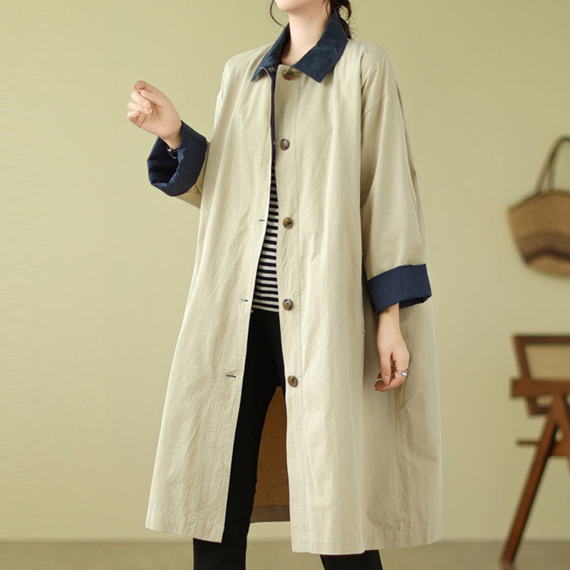 Buddha Stones Splicing Color Buttons Women's Cotton Coat With Pockets